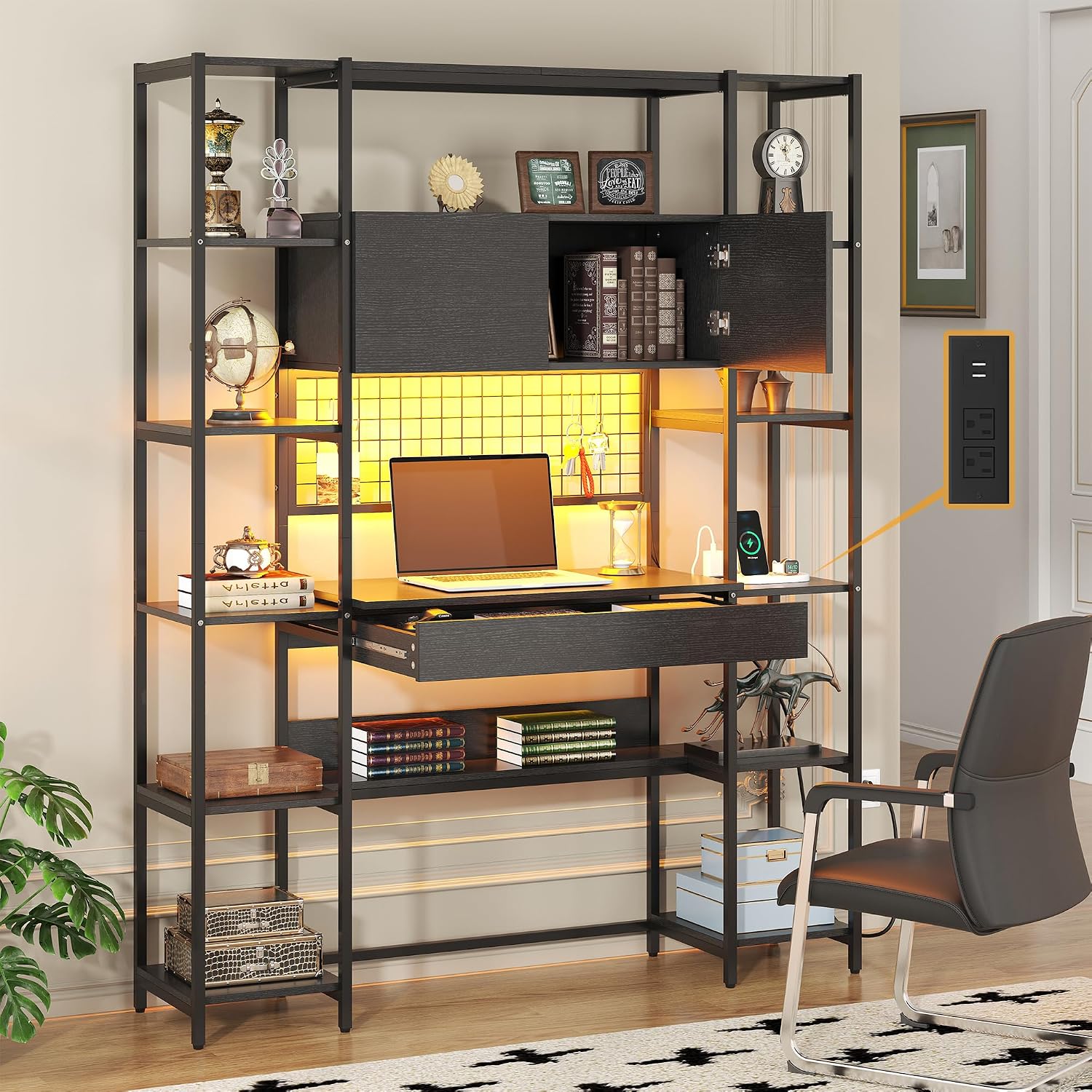 Bookshelf 5 Tier - 5段ブックシェルフ、デスク、RGBライト、コンセント付き、高さ71インチ、引き出しキャビネット、12段の棚、2ドア、カスタマイズ可能