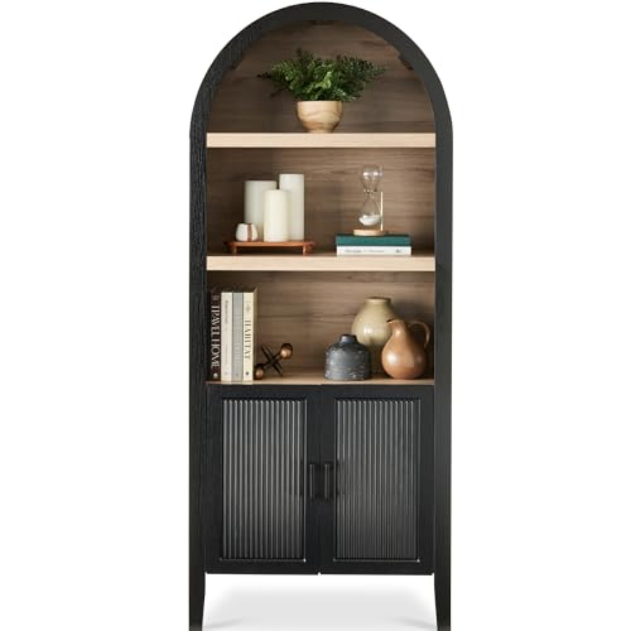 Bookshelf 5 Tier - 高さ72インチのアーチ型パントリーキャビネット。装飾が施された扉、5段の本棚、ワードローブ、収納棚、本棚、高さ調節可能な棚付きの収納キャビネット。