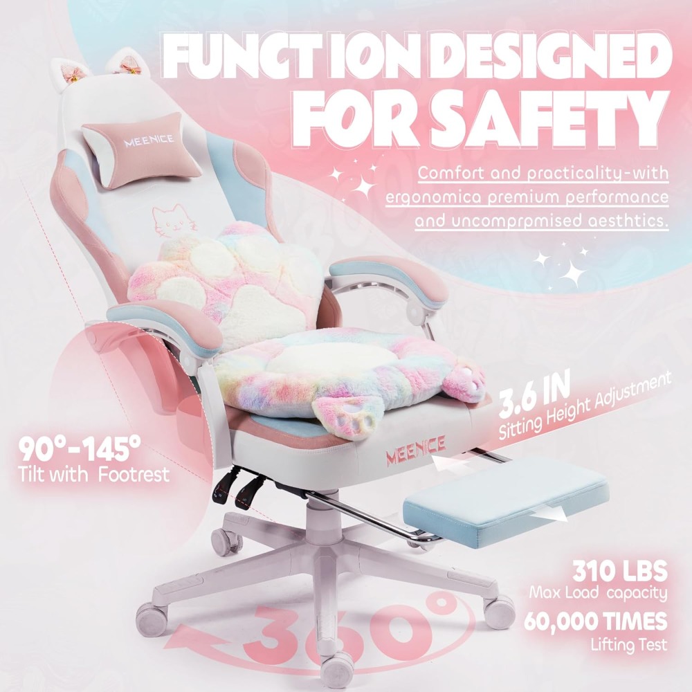 Office Footrest Cushion - ゲーミングチェア かわいい 猫耳足腰とクッション付き 人間工学に基づいたコンピュータチェア フットレスト付き 女の子用リクライニングPCゲームチェア