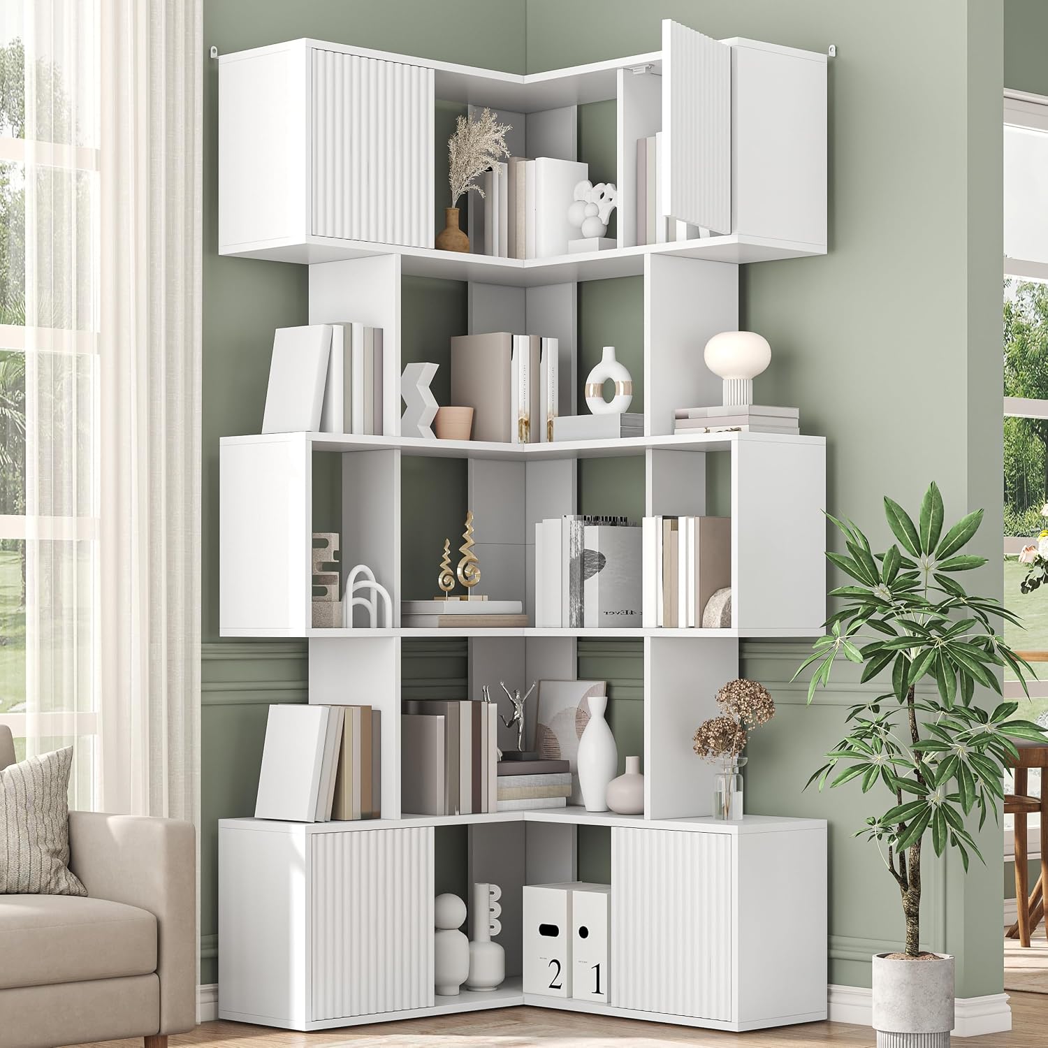 Bookshelf 5 Tier - 71インチコーナーブックシェルフ、5段L字型キューブ収納オーガナイザー、木製ディスプレイユニット、リビングルーム、ホームオフィス、寝室用、ホワイト、カスタマイズ可能
