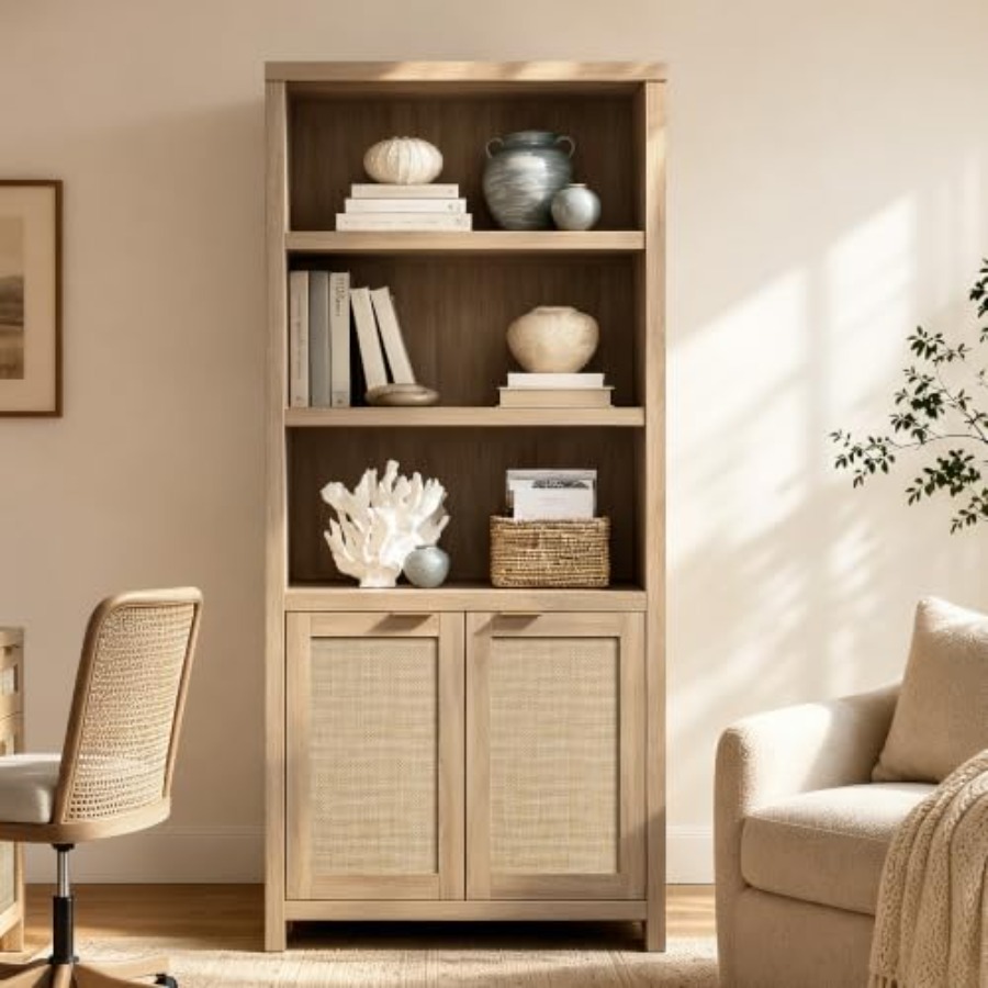 Bookshelf 5 Tier - 高さ71インチの5段式ラタン製本棚。扉付きで、図書館に最適。