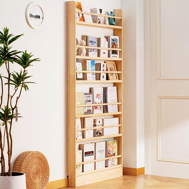 Bookshelf 5 Tier - 無垢材超薄型ブックシェルフ ドア裏収納ラック 狭い床置き棚ユニット 省スペースブックディスプレイスタンド リビング用