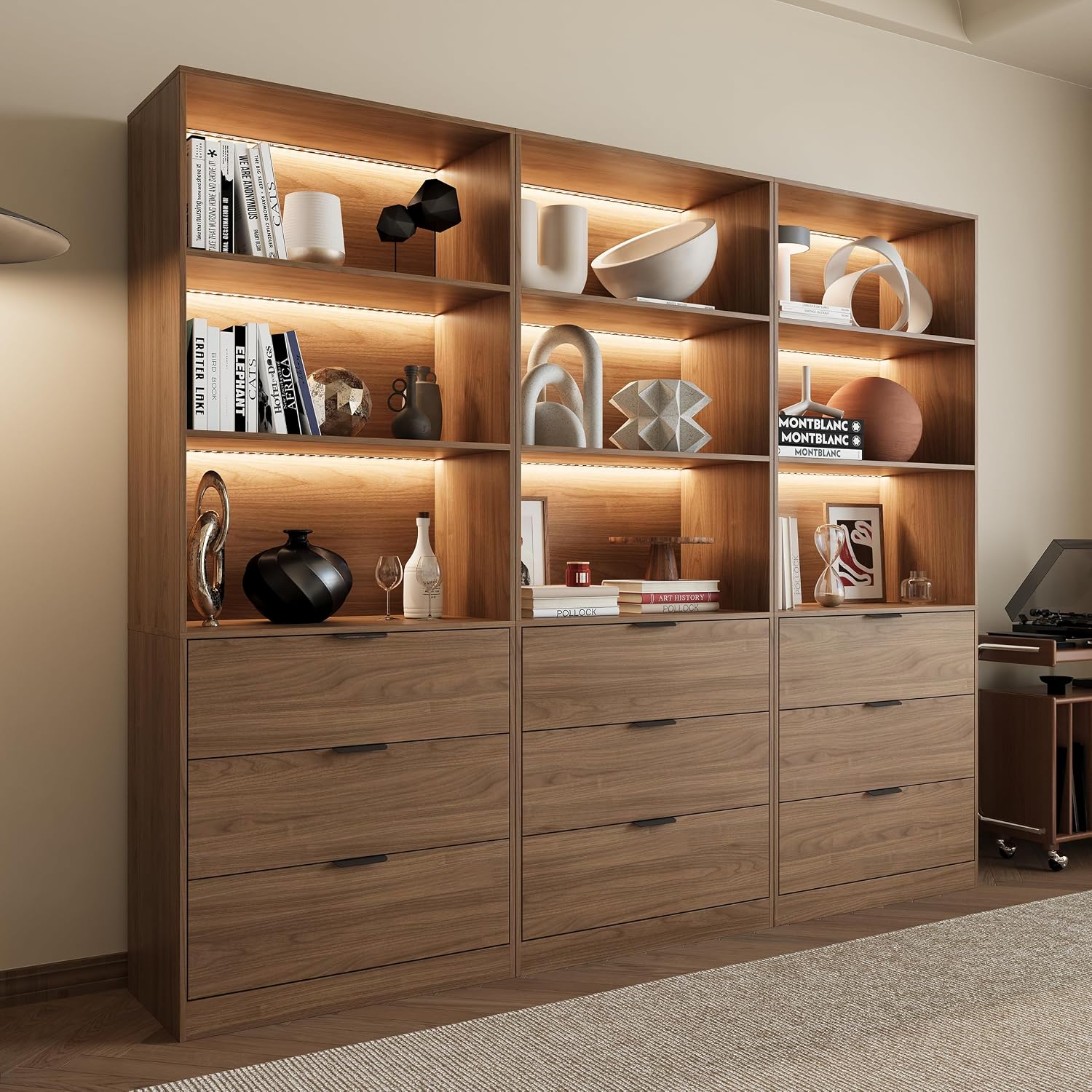 Bookshelf 5 Tier - 3段ライト付き本棚、3つの大型引き出し付きディスプレイキャビネット、収納棚、ホームオフィス用、カスタマイズ可能