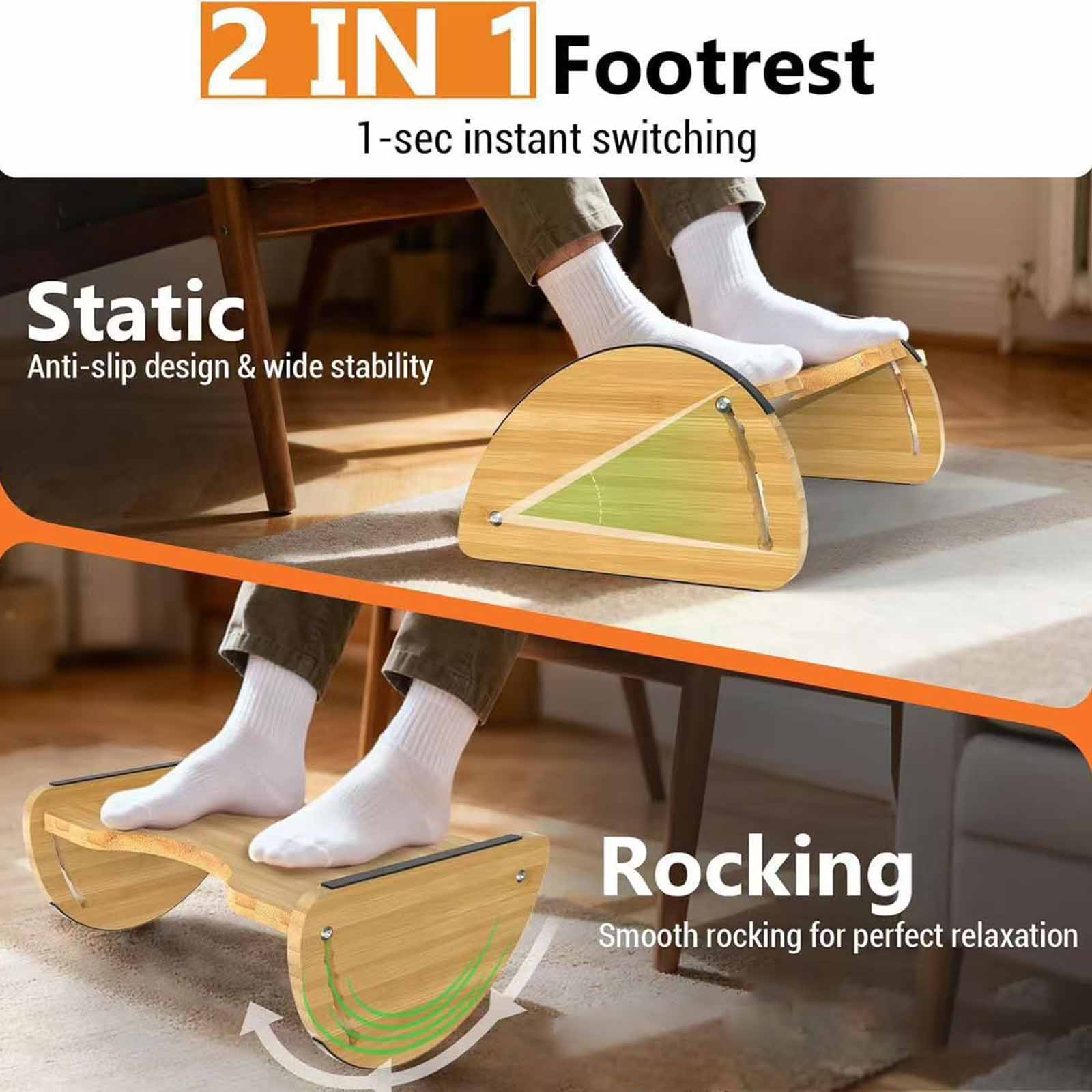 Office Footrest Cushion - 調節可能なオフィス用竹製フットレストスツール クッションサポート付き 3 in 1 人間工学に基づいたデザイン