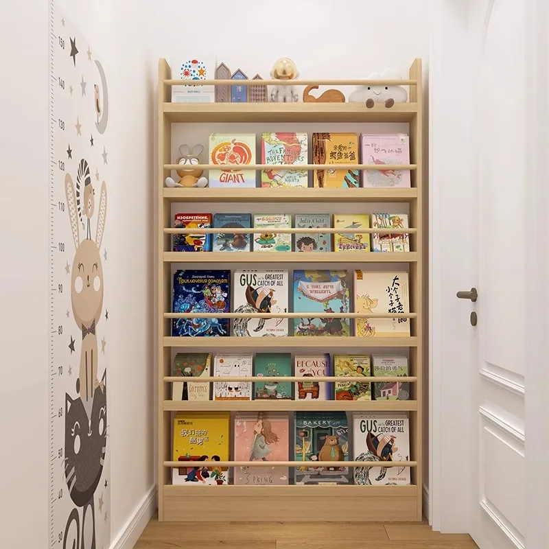 Bookshelf 5 Tier - 無垢材の本棚、床置き壁掛け多層収納ラック、家庭用本棚、ドアの後ろの薄型本棚