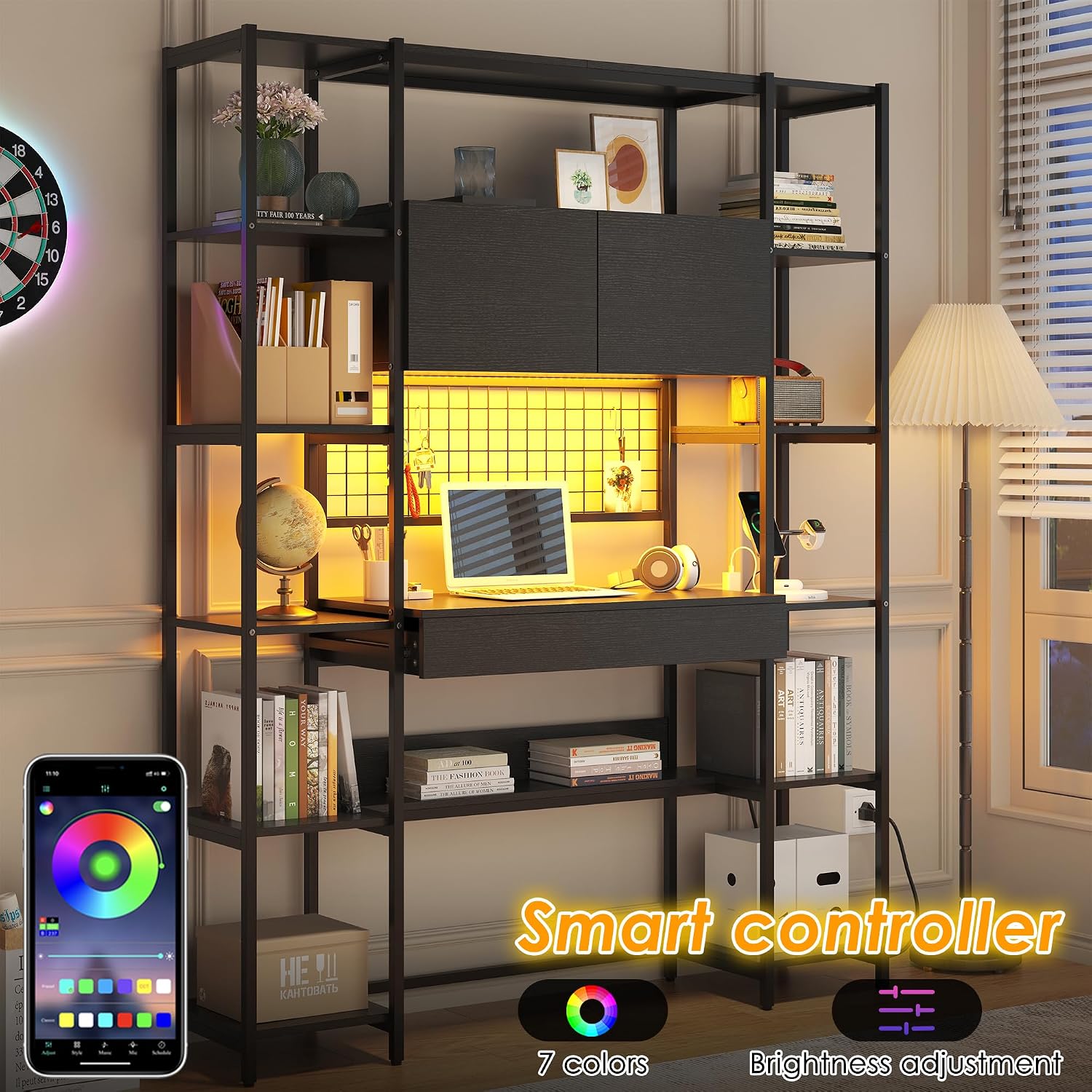 5段ブックシェルフ、デスク、RGBライト、コンセント付き、高 - Bookshelf 5 Tier のレビューと価格