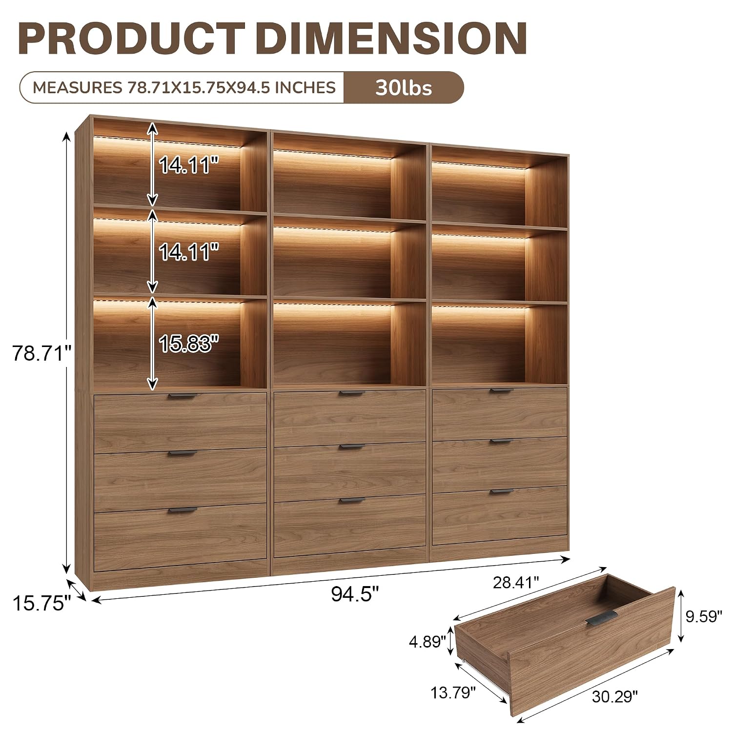 3段ライト付き本棚、3つの大型引き出し付きディスプレイキャビ - Bookshelf 5 Tier のレビューと価格