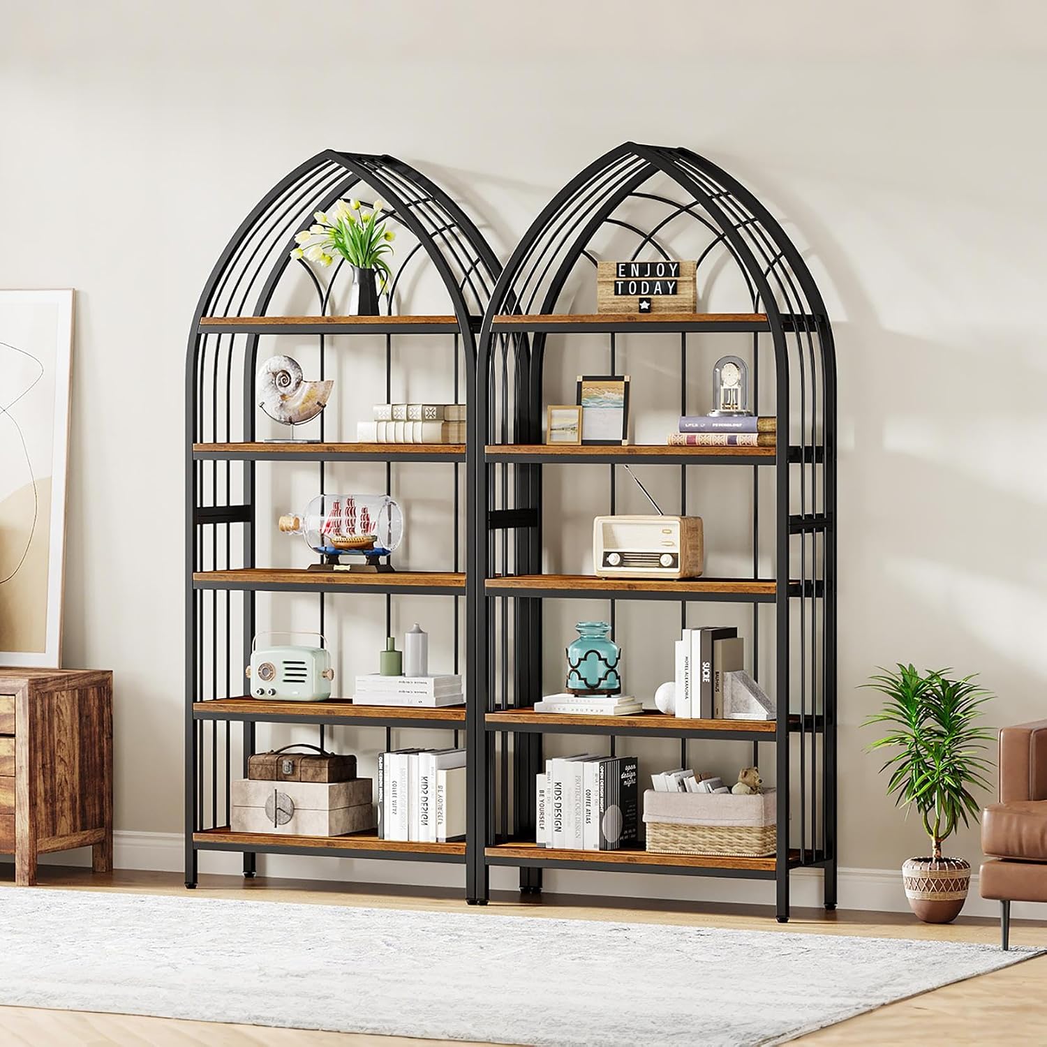 5段、高さ74.8インチの工業用曲線型本棚、木製収納棚、金属 - Bookshelf 5 Tier のレビューと価格